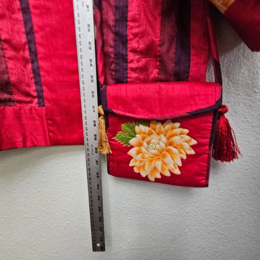 Leilani Bennett Kimono Jacket Set OS Red Silk Floral Patchwork Art Wear Artisan